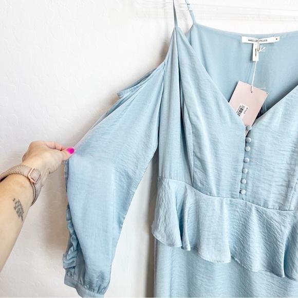 NEW Avec Les Filles Women's Cold Shoulder Mini Dress Satin Ruffle Blue Med - Picture 5 of 9